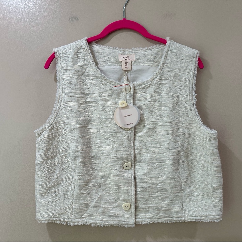 Camila Coelho Cream Tweed Vest Crop Button Front Sleeveless Raw Fray Edge NWT M